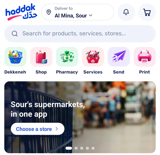 The Haddak app home screen: delivery to Al Mina, Sour, a search bar, and Dekkeneh, Shop, Pharmacy, Services, Send and Print.