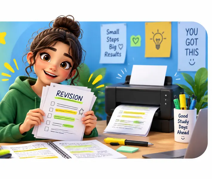 Illustration of a student holding printed revision notes next to a printer.